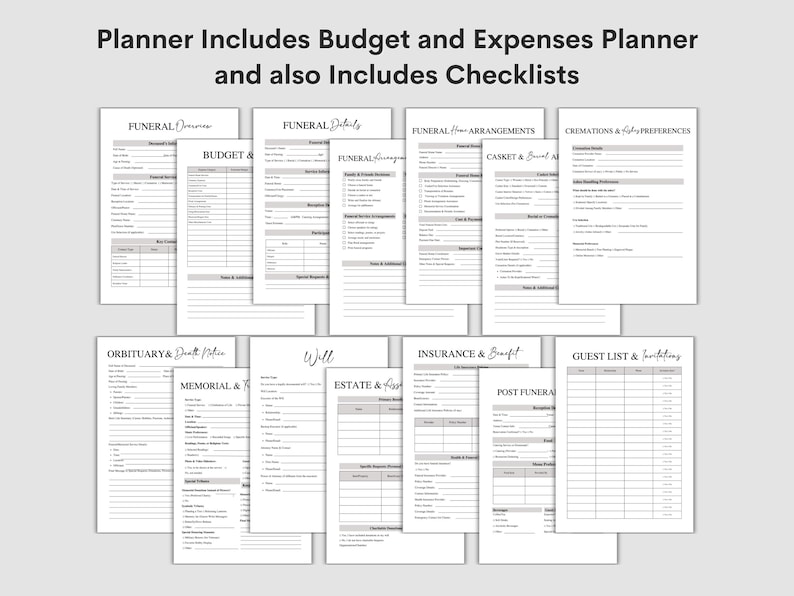 May include: A planner with various checklists and forms for funeral arrangements, budget, and expenses. The planner includes sections for funeral details, memorial information, and insurance benefits. The text "Planner Includes Budget and Expenses Planner and also Includes Checklists" is at the top.