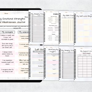 May include: Digital planner with the title "My Emotional Strengths and Weaknesses Journal." The planner includes pages for tracking habits, self-care, and anxiety, along with worksheets for identifying triggers and support circles. The pages are white with black text.