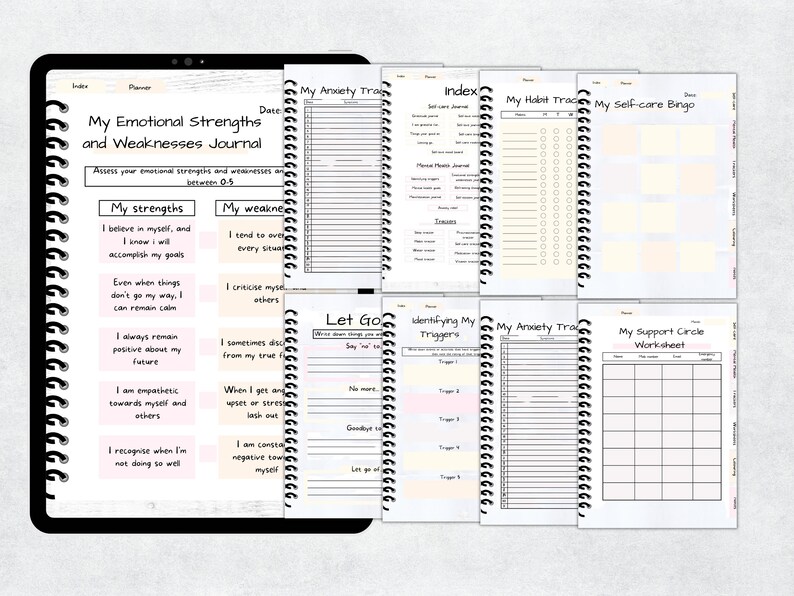 May include: Digital planner with the title "My Emotional Strengths and Weaknesses Journal." The planner includes pages for tracking habits, self-care, and anxiety, along with worksheets for identifying triggers and support circles. The pages are white with black text.