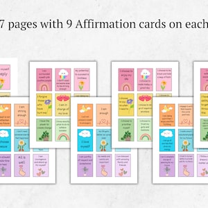 May include: Nine printable affirmation cards with colorful illustrations and positive messages. The cards feature rainbows, hearts, flowers, and clouds. The text on the cards includes phrases like "I love myself deeply", "I am strong enough", and "I choose to enjoy my life".