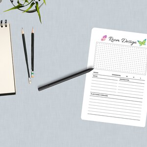 May include: A printable room design planner with a dotted grid, space for room ideas, dimensions, inspiration, and a plan going forward section. The planner features two watercolor butterflies in pink, purple, green, and blue.