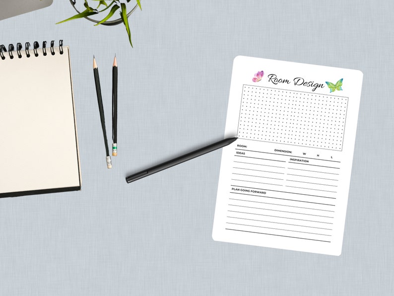 May include: A printable room design planner with a dotted grid, space for room ideas, dimensions, inspiration, and a plan going forward section. The planner features two watercolor butterflies in pink, purple, green, and blue.