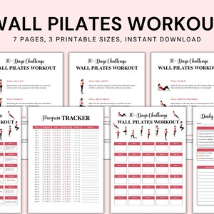 Könnte beinhalten: Ein druckbarer Fitness-Leitfaden mit dem Titel "WALL PILATES WORKOUT" mit 7 Seiten und 3 Größen. Der Leitfaden enthält eine 30-Tage-Challenge, einen Fortschritts-Tracker und einen täglichen Wellness-Tracker. Das Design hat ein rosa-weißes Farbschema.