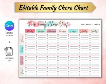 Editable Family Chore Chart, Family Planner Printable, Weekly Family Calendar Printable, Cleaning Schedule for kids, Instant Download