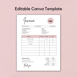 May include: A printable invoice template with a pink and black color scheme. The template includes sections for business name, billing address, description, quantity, unit price, amount, payment method, subtotal, discount, taxes, shipping, and grand total. The text "Thank you" is written in cursive at the bottom of the page.