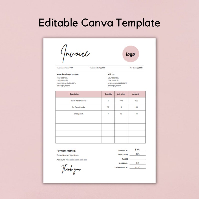 May include: A printable invoice template with a pink and black color scheme. The template includes sections for business name, billing address, description, quantity, unit price, amount, payment method, subtotal, discount, taxes, shipping, and grand total. The text "Thank you" is written in cursive at the bottom of the page.