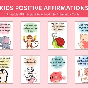 36 Cartões de Afirmação para Crianças, Afirmações Positivas para Imprimir | Cartões de Mentalidade de Crescimento | Afirmações de Animais Fofos | Flashcards de Autoestima