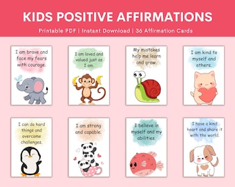 36 Affirmation Cards for Kids, Positive Affirmations Printable | Growth Mindset Cards | Cute Animal Affirmations | Self-Esteem Flashcards