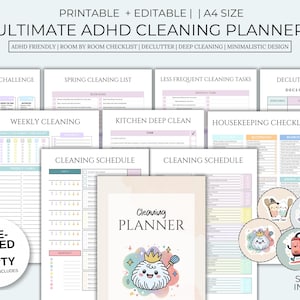 May include: An A4-sized, printable and editable Ultimate ADHD Cleaning Planner. It features room-by-room checklists, decluttering trackers, and cleaning schedules. The design is minimalist and ADHD-friendly, with pre-filled and empty versions. Stickers are included.