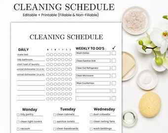 Bewerkbaar wekelijks schoonmaakschema, schoonmaakplanner afdrukbaar, schoonmaakchecklist, schoonmaakroutine, huishoudelijke taken, schoonmaaksjabloon, PDF