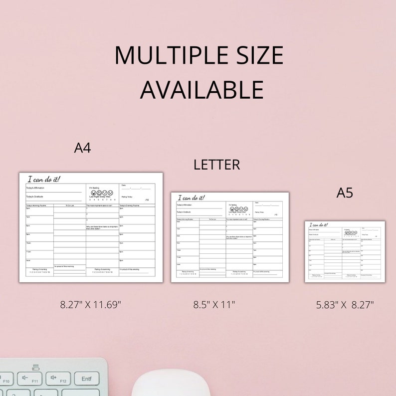 May include: Three different sizes of printable daily planner pages. The pages are titled "I can do it!" and feature a daily schedule, to-do list, and gratitude section. The sizes are A4 (8.27" x 11.69"), Letter (8.5" x 11"), and A5 (5.83" x 8.27").