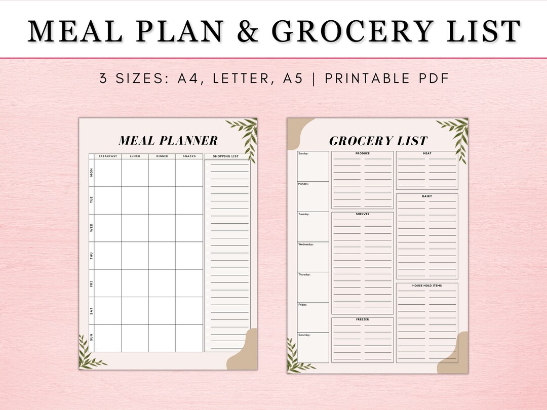 Weekly Meal Planner With Grocery List Printable Template, 7 Day Menu ...