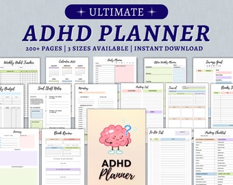 Puede incluir: Un planificador digital colorido con el texto "ULTIMATE ADHD PLANNER" y un cerebro de dibujos animados con un signo de interrogación. El planificador incluye páginas para rastreadores de hábitos semanales, presupuestos mensuales, notas de cambio de alma, planificadores diarios, listas de empaque, diarios de viaje y más.