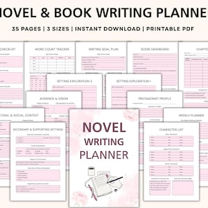 Puede incluir: Un planificador de escritura de novelas rosa y blanco con varias indicaciones de escritura y listas de verificación. El planificador incluye secciones para revisión, recuento de palabras, objetivos de escritura, paneles de escena y listas de personajes.