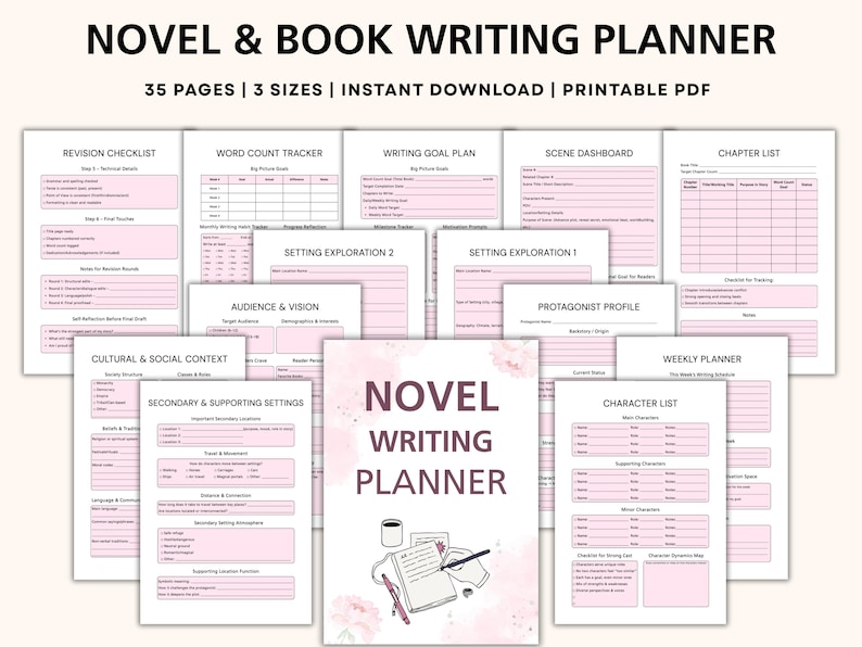 May include: A pink and white novel writing planner with various writing prompts and checklists. The planner includes sections for revision, word count, writing goals, scene dashboards, and character lists. The text "NOVEL & BOOK WRITING PLANNER" is at the top.