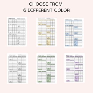 May include: Six monthly budget planner templates with the text CHOOSE FROM 6 DIFFERENT COLOUR at the top. Each template features black grid lines and headers for income, bills, expenses, savings, and debt payment, with one version in black and white and five versions featuring colour-coded accents in yellow, blue, green, and purple.