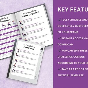 May include: An open book and a tablet display a 30-Days Challenge Chair Workout and Chair Yoga. The pages feature exercise illustrations and text. A purple sidebar lists key features, including editability and instant access.