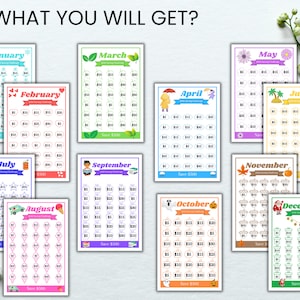 May include: Twelve printable monthly savings charts featuring a different theme for each month. Each chart has a grid of 35 circles with dollar amounts ranging from $5 to $30. The charts are designed to help people save money throughout the year.