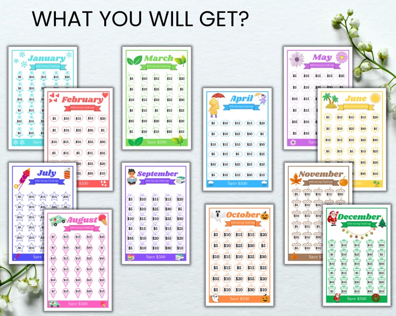 May include: Twelve printable monthly savings charts featuring a different theme for each month. Each chart has a grid of 35 circles with dollar amounts ranging from $5 to $30. The charts are designed to help people save money throughout the year.