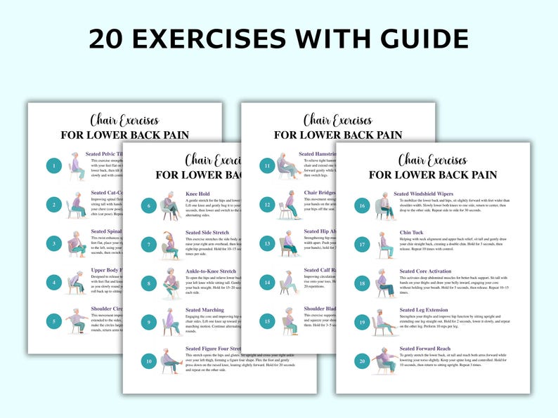 May include: A guide with 20 chair exercises for lower back pain. Each exercise is illustrated with a person in a chair, with instructions. The guide is on white paper with a teal accent color.