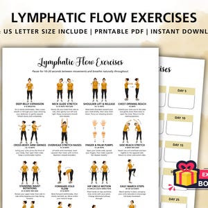 以下が含まれることがあります： Lymphatic Flow Exercisesと題された印刷可能なPDFガイドで、様々な動きのイラストが掲載されています。このドキュメントには、腹式呼吸、首のストレッチ、腕の振り方などの手順と、追加のボーナストラッカーページが含まれています。