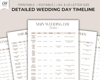 May include: A set of printable wedding day timeline templates in A4 and US letter sizes. The pages feature a detailed schedule with columns for time, activities, and notes. The text is in a modern, minimalist font.