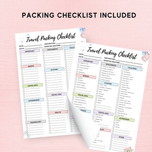 May include: Two printable travel packing checklists with a pink, blue, and green color scheme. The checklists are titled "Travel Packing Checklist" and include categories for important items, basics, clothes, travel info, accessories, travel aids, health, toiletries, and more.