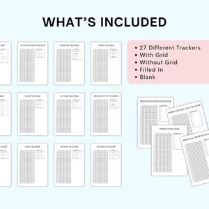 May include: A set of 27 printable habit trackers, including mood, sleep, water intake, exercise, and more. The trackers are available with and without grids, filled in, and blank.