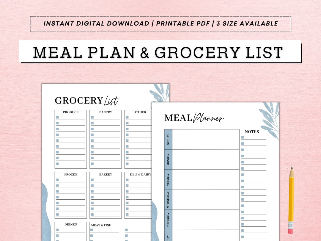 Weekly Meal Planner With Grocery List Printable Template, 7 Day Menu ...