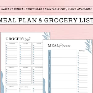 Planificateur de repas hebdomadaire avec modèle imprimable de liste d'épicerie, plan de menu de 7 jours, planificateur alimentaire, planificateur de santé, liste d'épicerie imprimable, lettre A4