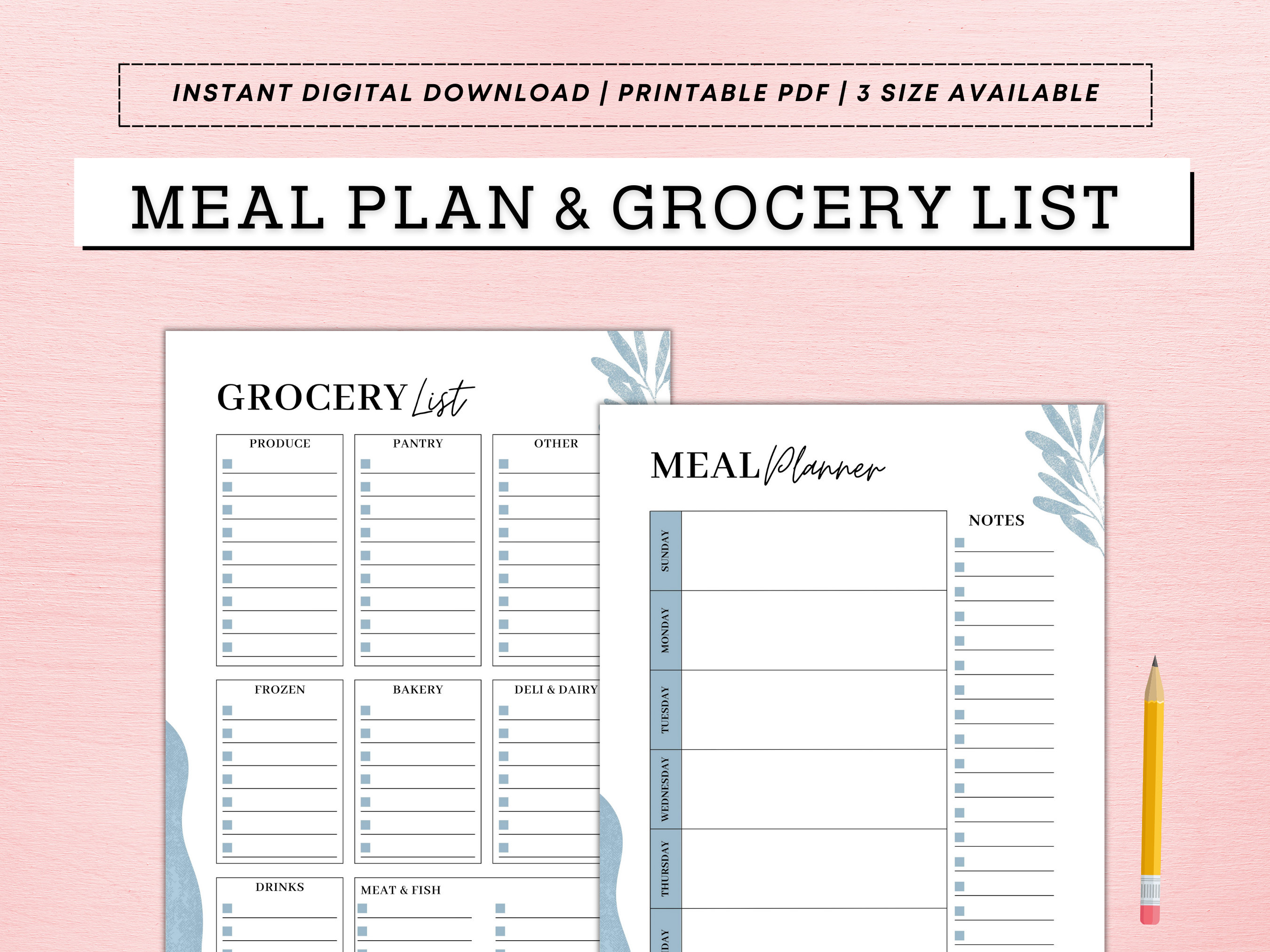 Weekly Meal Planner With Grocery List Printable Template, 7 Day Menu ...