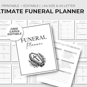 Puede incluir: Un planificador funerario definitivo, imprimible y editable, con más de 50 páginas. La portada presenta el texto "FUNERAL Planner" y una ilustración de ataúd. Incluye listas de verificación y formularios.