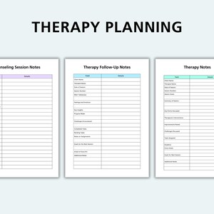 May include: Three printable therapy planning worksheets with fields for client name, therapist name, date of session, session number, goals for this session, topics discussed, key points, challenges encountered, tasks assigned, next session plan, focus areas, and additional notes.