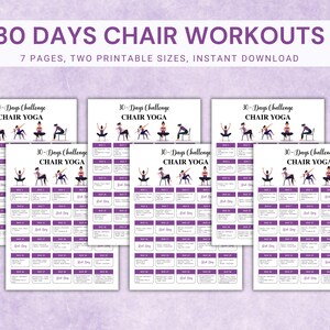 May include: A collection of printable 30-day chair yoga workout guides. Each page features a purple and white design with illustrations of yoga poses. The text reads "30 DAYS CHAIR WORKOUTS" and "30-Days Challenge CHAIR YOGA".
