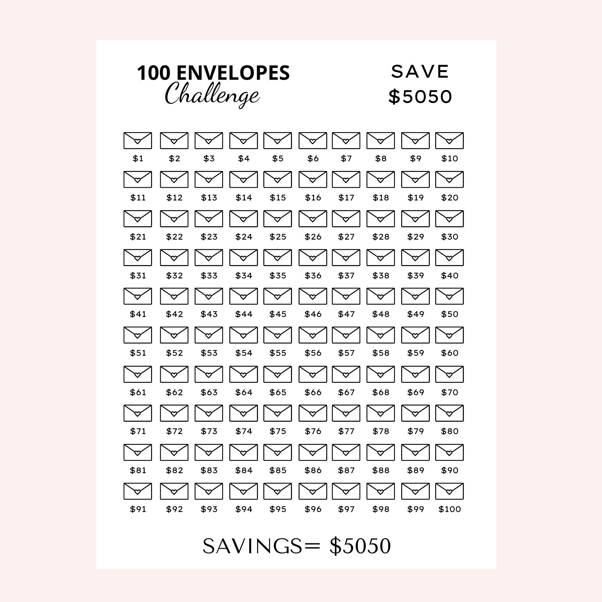 100 Envelope Challenge Printable, Money Savings Challenge, Digital  Download, Savings Tracker, Savings Challenge 