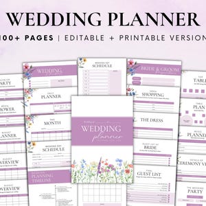 May include: A purple and white wedding planner with floral illustrations. The planner includes pages for budgeting, guest lists, and wedding day schedules. The text "Wedding Planner" is written in a large, bold font.