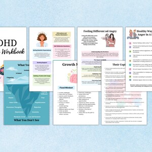 Puede incluir: Un conjunto de hojas de trabajo imprimibles coloridas para un libro de trabajo de Iceberg de TDAH. Las hojas de trabajo incluyen secciones sobre afirmaciones, recordatorios positivos, la construcci&oacute;n de una imagen positiva de s&iacute; mismo, la mentalidad de crecimiento, la mentalidad fija, sentirse diferente y enojado, y formas saludables de expresar el enojo en una relaci&oacute;n.
