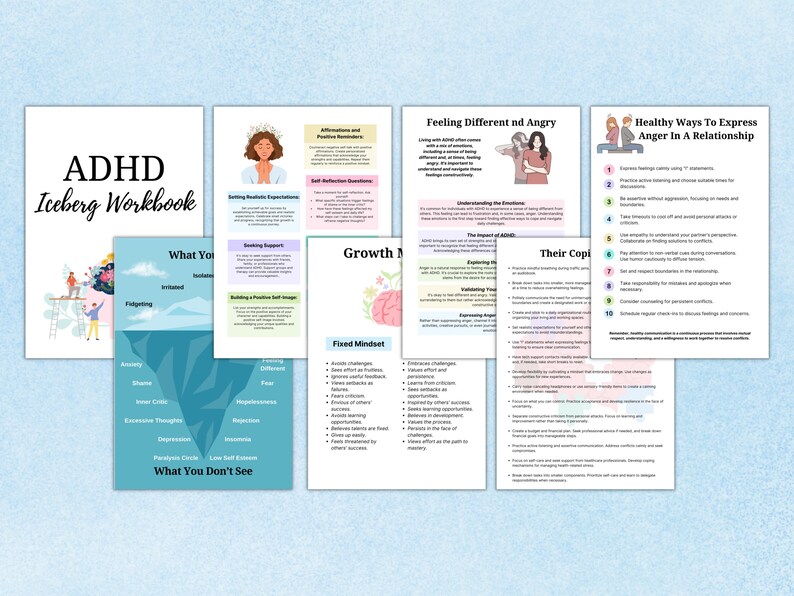 Puede incluir: Un conjunto de hojas de trabajo imprimibles coloridas para un libro de trabajo de Iceberg de TDAH. Las hojas de trabajo incluyen secciones sobre afirmaciones, recordatorios positivos, la construcci&oacute;n de una imagen positiva de s&iacute; mismo, la mentalidad de crecimiento, la mentalidad fija, sentirse diferente y enojado, y formas saludables de expresar el enojo en una relaci&oacute;n.