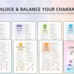 Plantilla editable de Canva para la guía de los siete chakras, tabla de sanación de chakras con posturas de yoga, cristales, aceites de afirmación y bienestar espiritual (PDF)
