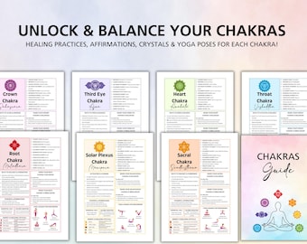 Bearbeitbare Sieben Chakra Guide Canva Vorlage, Chakra Heilung Diagramm mit Yoga Posen, Kristalle, Affirmationen Öle, spirituelle Wellness PDF