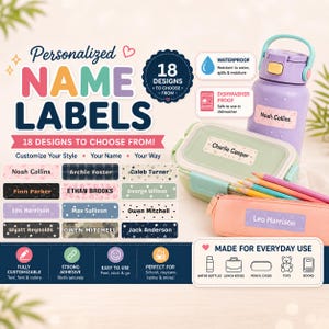 May include: Personalised name labels with 18 designs to choose from. The labels are shown applied to a purple water bottle, a green lunch box, and a peach pencil case. Text includes "Personalised NAME LABELS", "WATERPROOF", and "DISHWASHER PROOF".