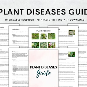 May include: A printable guide to common plant diseases, featuring images of affected plants and text describing symptoms, identification, and control measures. The guide includes 10 diseases, such as grey mould, fusarium wilt, blossom-end rot, and anthracnose.