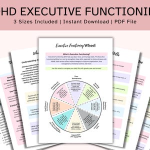 Peut inclure: Ensemble de feuilles de travail imprimables intitulées "ADHD Executive Functioning". Le document central est un diagramme en forme de roue avec des sections sur la gestion du temps, la mémoire de travail et la persévérance axée sur les objectifs. Le fond est rose clair.