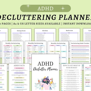 Könnte beinhalten: Ein digitaler ADHD-Aufräumplaner mit 30 Seiten, inklusive Checklisten für verschiedene Räume, Gewohnheitstrackern und Tagesplanungsblättern. Das Dokument enthält Überschriften wie ADHD Decluttering Planner, Bedroom, Kitchen und ADHD Overview in einem übersichtlichen Layout mit pastellfarbenen Akzenten.