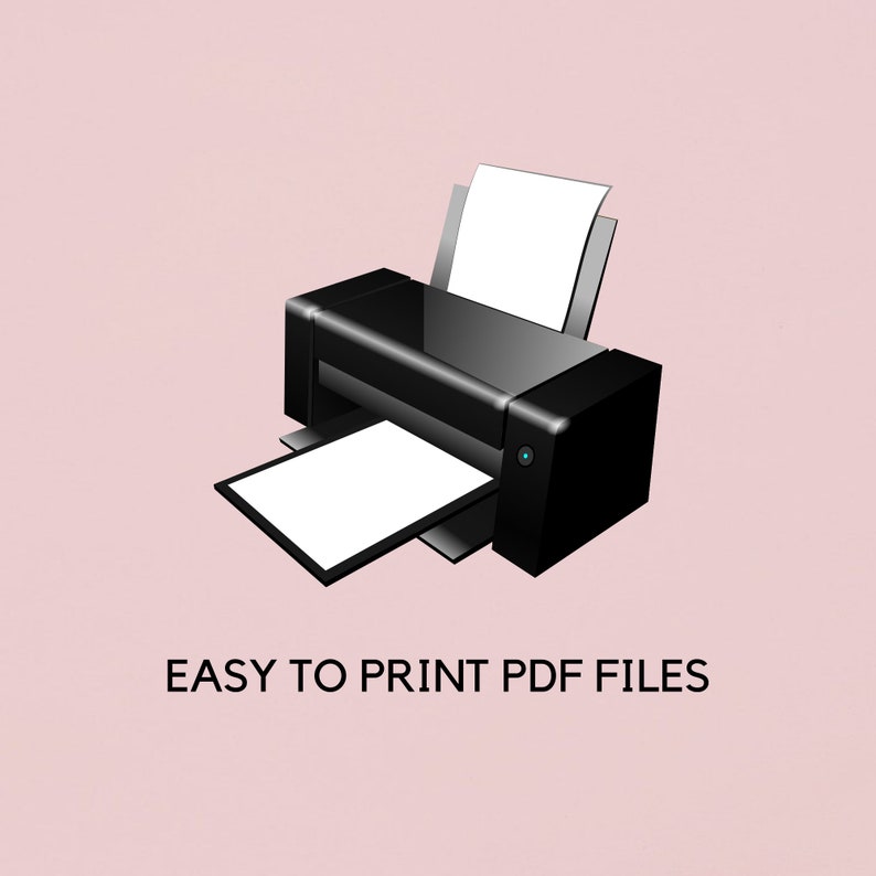 Puede incluir: Una impresora negra con una hoja de papel blanca en la bandeja. La impresora est&aacute; sobre un fondo rosa claro. El texto "EASY TO PRINT PDF FILES" est&aacute; debajo de la impresora.