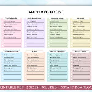May include: A printable to-do list with sections for work, home, finance, and personal tasks. The list includes categories like "Health & Wellness," "Family," "Errands & Shopping," and "Miscellaneous." The design is colorful and organized.