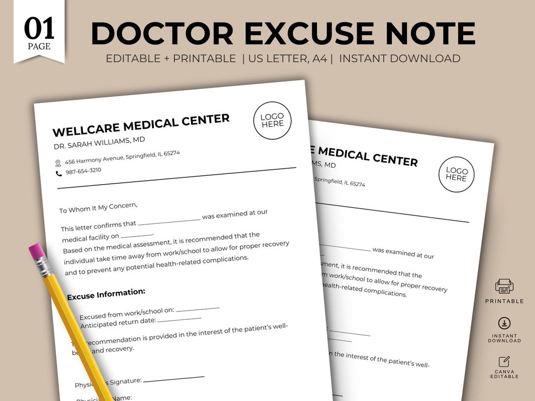 Doctor Excuse Note Printable | Editable Medical Excuse Letter | Work ...