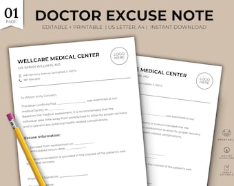 Nota de excusa médica imprimible / Carta de excusa médica editable / Nota de enfermedad para trabajo y escuela / Plantilla de nota médica de Canva / Nota de licencia para trabajo y escuela