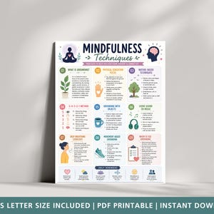 Peut inclure: Une affiche éducative blanche intitulée Mindfulness Techniques présentant neuf sections numérotées avec des illustrations et du texte expliquant des méthodes d'ancrage, incluant la méthode 5-4-3-2-1, des exercices de respiration et des rappels quotidiens.