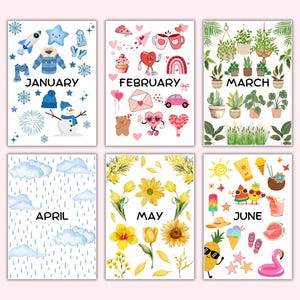 May include: Six colorful cards with illustrations representing each month of the year. January features a snowman, February has hearts and a red car, March has green plants, April has blue clouds and rain, May has yellow flowers, and June has a pineapple, watermelon, and a flamingo.